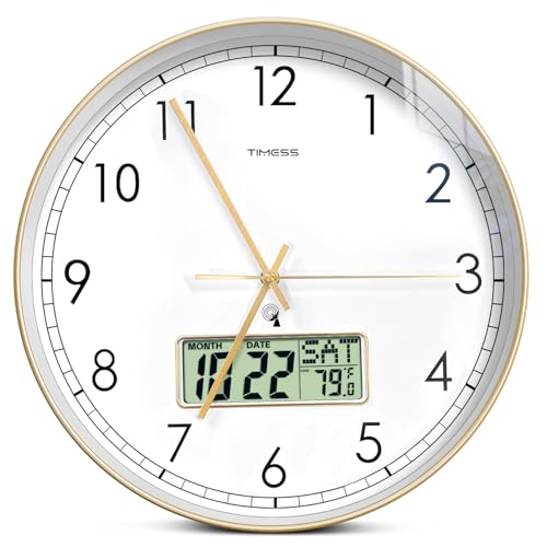 TIMESS Atomic Analog Wall Clock, WWVB Self-Setting Battery Operated 12" Dial Non-Ticking Silent Easy to Read & Use Clock with LCD Display, Ideal Modern Home, Kitchen, Office Décor (Gold)