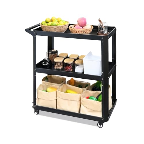 Image of XCX 3 Tier Metal Utility Rolling Cart with Wheels, Black