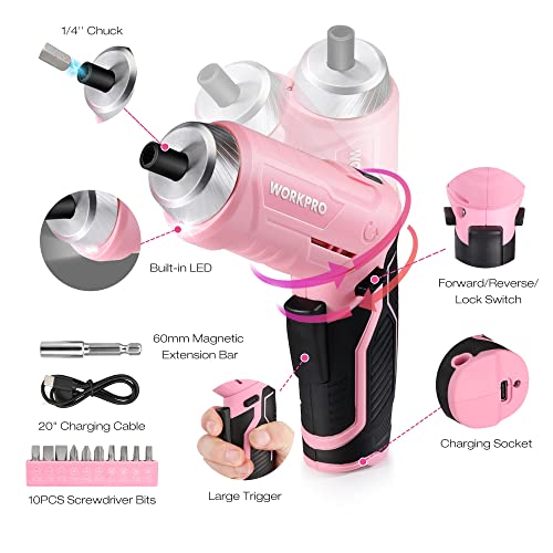 Image of WORKPRO Pink Tool Set, 3.7V Electric Screwdriver Kit with Toolbox
