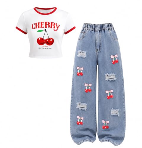 Image of Azmxynol Tween Girl Clothes Short Sleeve Top + Butterfly Design Jeans 2 Pieces Spring Summer Outfit Set, Size 6-14 Years