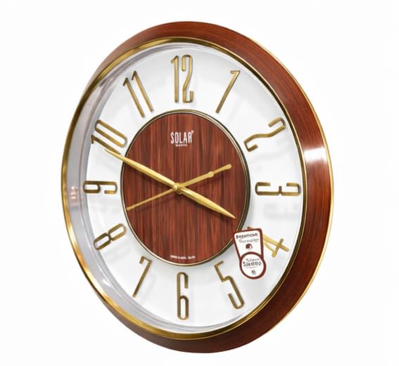 Image of Solar Wooden Finish Wall Clock, Fancy Wall Clock Silent (Non-Ticking) Movement, 13'', Decorative Clock for Living Room Stylish Home, Office, Bedroom, Kitchen
