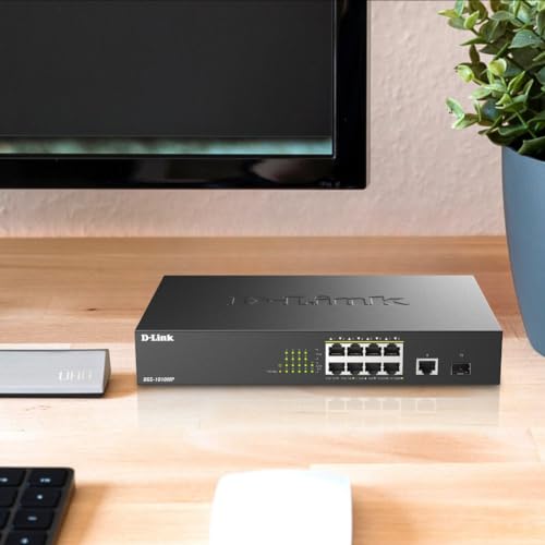 Image of D-Link PoE Switch, 8 10 Port Unmanaged w / 1 Gigabit Ethernet Port & 1 SFP Uplink Port, 125W PoE Budget Fanless Rackmount Plug N Play (DGS-1010MP), Black