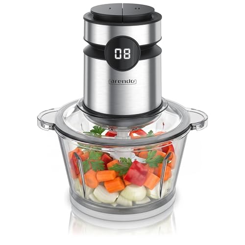 Arendo - Multi Zerkleinerer Küche elektrisch Edelstahl – extra starker 500 W Motor – 2 L Fassungsvermögen – Glas Behälter – mit Edelstahl-Mixbehälter – für Fleisch Nüsse Obst Gemüse u.v.m.