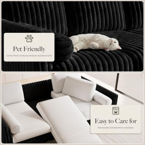 Image of Belffin Oversized Cloud Deep Seat Sectional Sleeper Sofa Bed Corduroy Couch. Black Couch