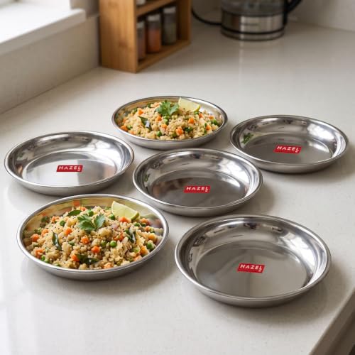 Image of HAZEL Stainless Steel Snack Plates with Mirror Finish | Quarter Plates Set for Kitchen | Glossy Finish Thali (17 CM, Set of 6)
