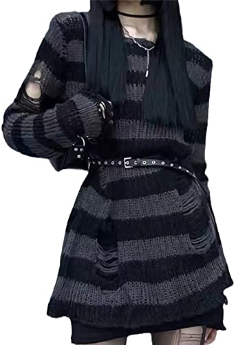 Punk Gothic Long Sweater Dress For Women Hollow Out Y2K Striped Pullover Top Black And Grey #TOP16