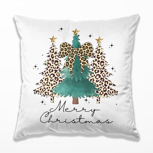 TopXmai Turquoise Cheetah Christmas Tree Pillow Covers 18x18, Western Christmas Decor, Coquette Leopard Print Bow Xmas Tree Decorative Pillow Covers for Home Bedroom Living Room,A196-B