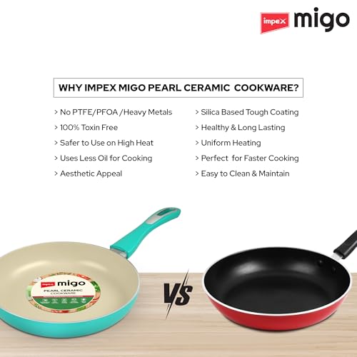 Image of Impex Ceramic Cookware Set | 6 Pc Induction Base Non Stick Kadai Pan with Lid, Fry Pan, Tawa Pan and 2 Spatulas | Free from PTFE, PFOA and Heavy Metals| 100% Non Toxic | 2 Year Warranty