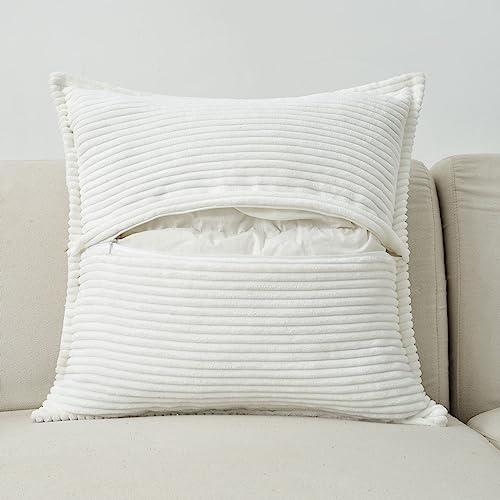 Haussy Pure White Throw Pillow Covers 20X20 Inch Set Of 2,Soft Solid Corduroy Striped/Wide Bordered,Square Decorative Cushion Case,Winter Home Decorations thumb #2