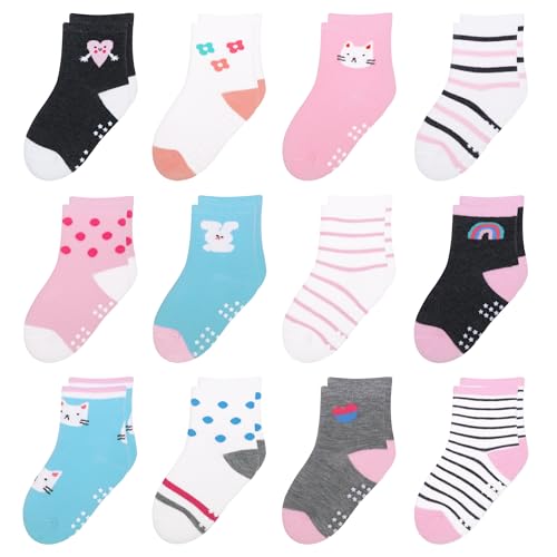 HYzgb Kleinkind Socken Mädchen 3T 4T 5T mit rutschfesten Griffen 12 Paar Little Kids Crew Socken Baumwolle Socken Kleinkinder Mädchen 3-4-5 Jahre alt Geschenk (Rainbow Style)