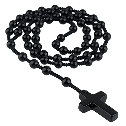 Nupuyai Obsidian Crystal Stone Bead Cross Pendant Necklace for Men Women Catholic Rosary Hand Knotted Necklace 62cm