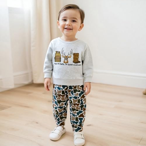 Deer Hunting Baby Boy Clothes Long Sleeve Funny Letters Sweatshirt Tops Camouflage Pants Set Fall Winter Outfits2