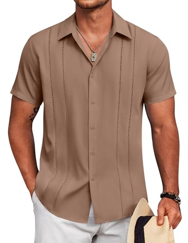 Image of COOFANDY Mens Cuban Guayabera Shirt Short Sleeve Button Down Shirts Summer Beach Vacation Shirts