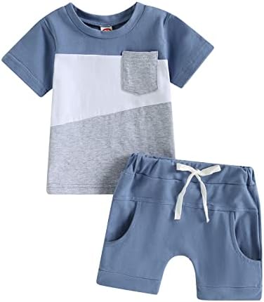 Toddler Baby Boy Summer Outfit Patchwork Plaid Stripe Short Sleeve T Shirt Tops Drawstring Shorts Infant Boy Clothes (Patchwork Blue, 18-24 Months)
