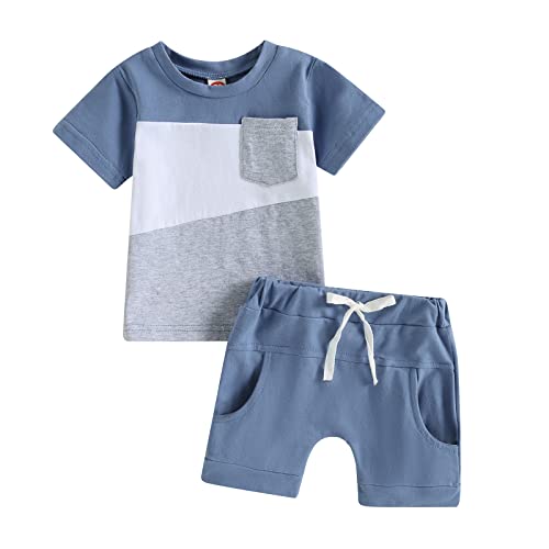 Toddler Baby Boy Summer Outfit Short Sleeve Contrast Color T Shirt Top Elastic Solid Shorts Cute Newborn Clothes Set