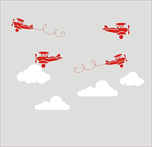 Juekui Airplane Wall Sticker Aircraft With Clouds Wall Decal For Baby Boys Bedroom Decoration Fighter Airplane Wall Decor Ws65 (Red And White) #TOP3