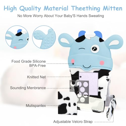 Image of 2Pack Silicone Teething Mitt, Cow Baby Teething Toy for 0-6 6-12 Months, Food Grade Silicone Infant Teething Mitten, BPA-Free Baby Chew Toys for Pain Relief, Sucking Needs