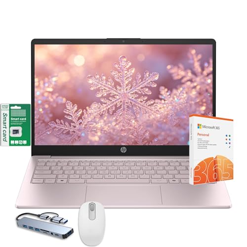 Image of HP Ultra Thin 14 inch Laptop with Copilot, Intel N150, 16GB RAM, 256GB(128GB eMMC+128GB SD Card) • HUB • Mouse, Windows 11S, 1-Year Office 365, Lightweight Tranquil Pink Notebook for Work & School