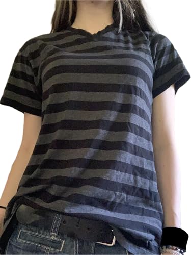 Lshyuehao Women Y2k Grunge Graphic Tees Vintage Short Sleeve Striped T-Shirt Crewneck Oversized Aesthetic Baggy Top (A-Blue, S)