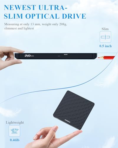 ORIGBELIE External CD DVD Drive for Laptop, USB 3.0 Type-C Ultra Slim 13mm DVD Player Portable CD DVD +/-RW Drive CD Burner Reader Writer Recorder for Desktop PC Windows 11/10/8/7 Linux Mac OS (Black)