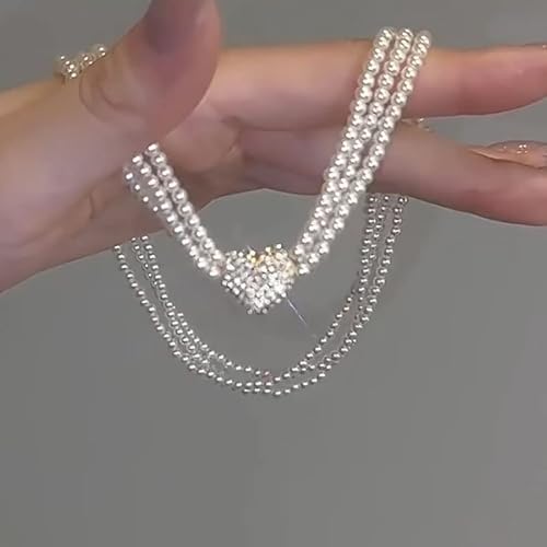 Heart Multilayer Pearl Magnetic Necklace, Cubic Zirconia Heart Shaped Magnetic Necklace, Three-Layer Pearl Necklace, Double-Sided Wearing Diamond-Set Magnetic Love Pendant #TOP3