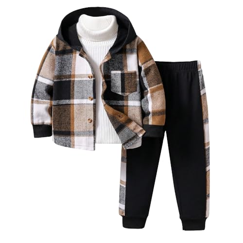 Image of Nivne Tco Toddler Boys Clothes - Button Plaid Hoodie Jacket & Sweatpants Sets - 2 Pieces Boys Clothes Outfits