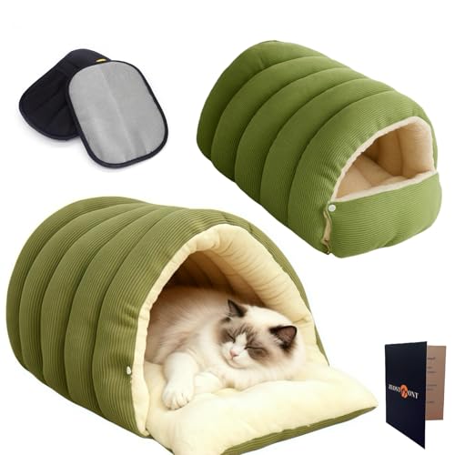 2 in 1 Warmes Katzenbett Winter Faltbar Waschbar 45cm mit Fellhandschuh – Kuscheliger Katzenkorb mit Dach, Abnehmbares Katzenkörbchen für Katzen...