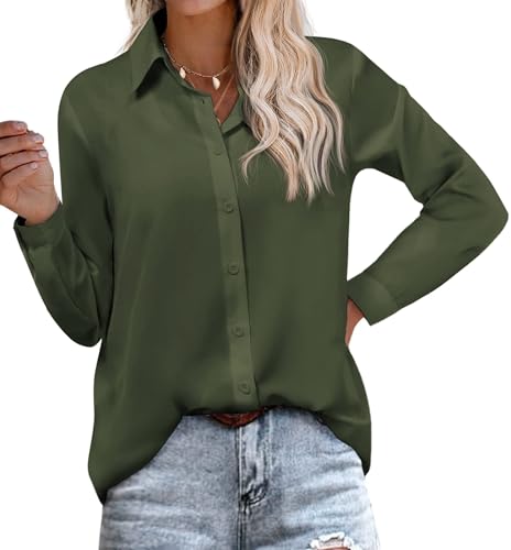 Hotouch Business Shirt Damen Langarm Bluse mit V-Ausschinitt Sommer Casual Basic Hemd Einfarbig Elegant Tops Modern Oberteile mit Knöpfen Dunkelgrün S-XXL