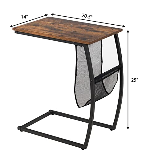 Tangkula Sofa Side End Table, C Table Snack Table With Side Pocket & Metal Frame, Over Bed Table Industrial Side Table For Sofa Couch Bed, Living Room, Bedroom (Rustic Brown) #TOP1