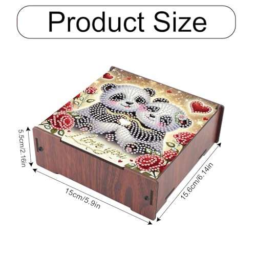 Image of DIY Diamond Art Storage Box with Flip-Top Lid, Happy Panda Design Wooden Diamond Painting Organizer with 4 Divided Compartments, Portable Desktop Craft Storage Basket for Accessories and Supplies