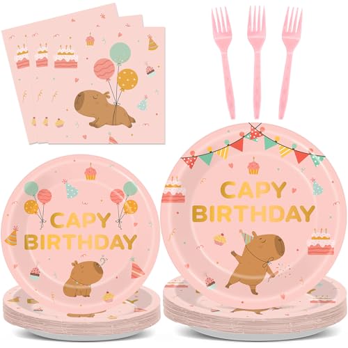 96 Pcs Pink Capy Birthday Party Decorations Cute Cartoon Capy Paper Tableware Set Pink Animals Theme Disposable Plates Napkins Forks for Kids Birthday Baby Shower Animal Party Supplies Serve 24 Guests