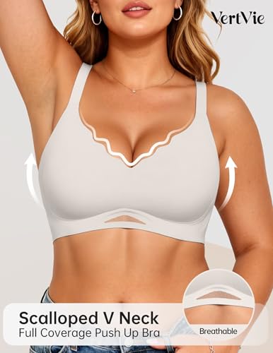 Image of Vertvie Jelly Bras for Women No Underwire Supportive | Seamless Wireless Bralette, Cool Breathable Mesh, Push Up Scalloped V-Neck, Full Coverage Tshirt Bra, Soft Comfortable