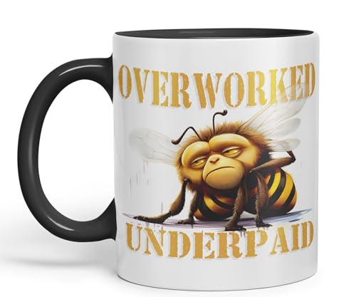 Vixar Overworked Underpaid bee Work Joke sarkasm Sarcastic Ceramic Coloured Mug Cup for Tea Coffee Hot Brew 330ml 11Oz Gift (Black)