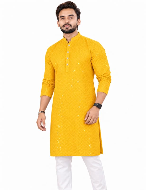 Image of Men's Lakhnawi Chikankari Kurta Set Cotton Ethnic Kurta Pajama for Men Wedding Festive Designer Indian Outfit Stylish Embroidered Kurta Set