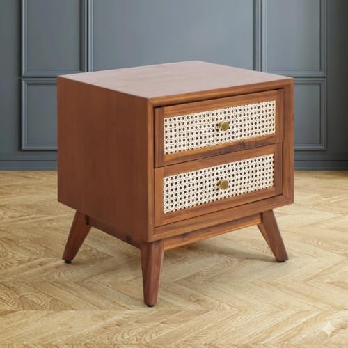 Image of MISAN Boston Solid Wood Bedside Table with Rattan Drawers Mid Century Night Stand for Living Room, Bedroom (G - Hony)
