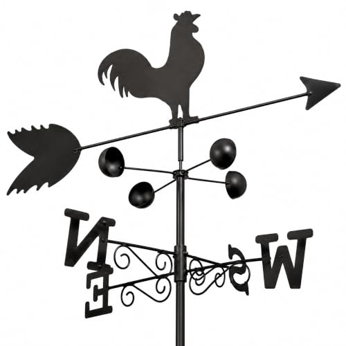 Image of Garden Market Place Weathervane Cockerel – Weather Vane with Wind Speed Cups, All-Steel Direction Indicator, Wall Fixings & Ground Spike, Black Vane for Garden, Shed & Gable End, 50cm Wide, 1.7m Tall
