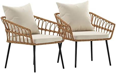 Flash Furniture Evin Set of 2 Boho Indoor/Outdoor Patio Chairs - Natural Finish Faux Rattan Wicker - Cream All-Weather Cushions - Integrated Armrests