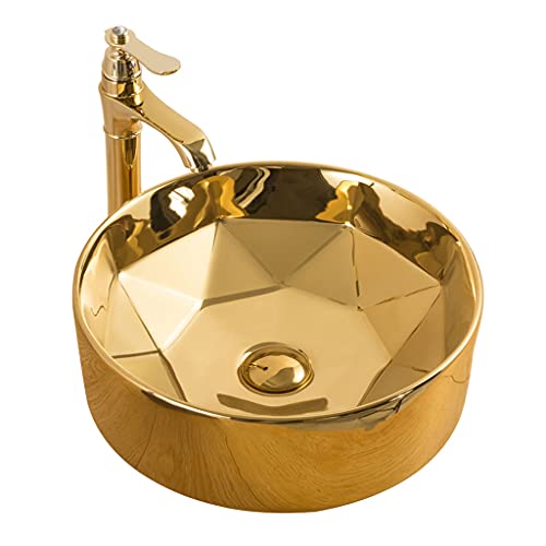 SHENXINCI Lavabo de Baño Redondo sobre Encimera Cerámica Dorado,Lavabo de Cerámica De Estilo Europeo,con Grifería y Desagüe,410x410x150mm,3 Colores Cover