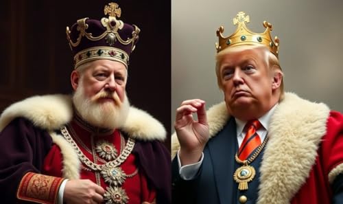 King George III &mdash; pink, porphyria-riddled, purple-peeing ham who lost America &mdash; vs the bronzer-drenched, tie-elongated, six-times-bankrupt Cheeto who tried to steal it back. [(ES) Subt&iacute;tulos]