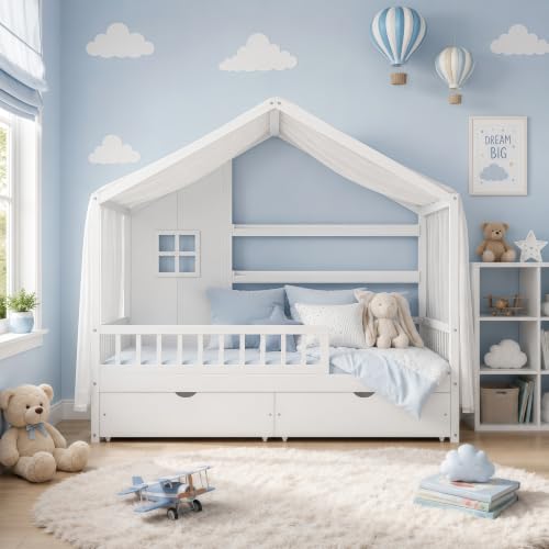 Image of Bellemave Full House BedFrame with Canopy and Storage Drawers, Montessori Bed, House Bed with Rails for Kids, White