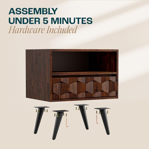 Image of Bme Georgina Solid Wood Nightstand With 1 Drawer & Open Shelf- Fully Assembled Mid Century Modern Side Table - Geometric Pattern Bedside Dresser for Bedroom and Living Room
