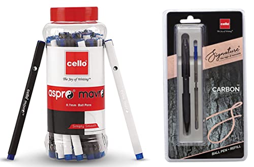 Image of Cello Aspro Mavro Ball Pen Set & Signature Carbon + Refill Pack, Ink Blue