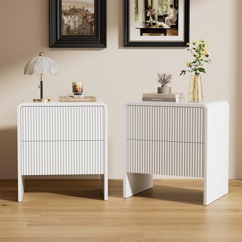 Image of Furniway Set of 2 Modern Curved Nightstand with 2 Drawers, Push-to-Open Wooden Bedside Table, Minimalist End Table for Bedroom, White