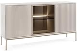 Kombikommode FONTE Türkommode, Sideboard, hergestellt in der EU (Breite 154 cm, getönte Glastüren), Metallgestell 20 cm, geriffelte Fronten, mit LED-Beleuchtung