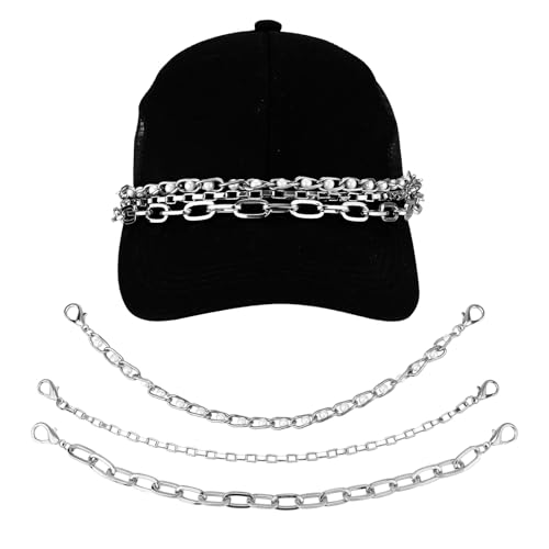 3pcs Trucker Hat Chains, 12in Metal Chains for Baseball Cap Trucker Hat Chains Bill Decoration Easy to Take Off Hat Chain Brim Charms Fashionable Women Trucker Hat Jewelry Accessories(Silver)