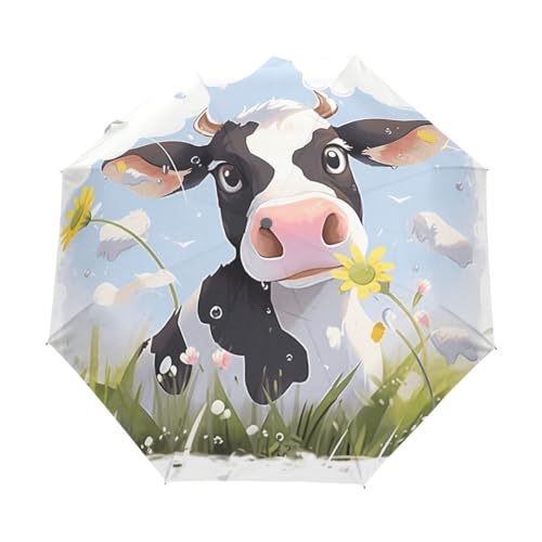 GAIREG Daisy Cute Cow Windproof Compact Auto Open Close Folding Umbrella for Women Men