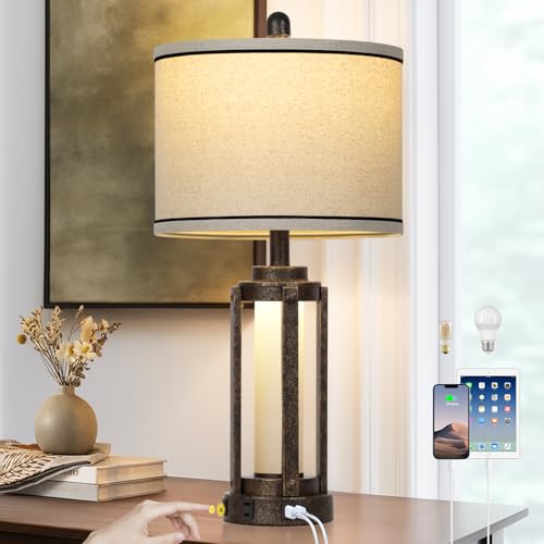 Farmhouse Industrial Lamp with USB A+C Charging Ports & AC Outlet, 26" Vintage Rustic Retro Table Lamp with Glass LED Night Light & Linen Fabric Shade for Living Room Bedrooms Single(2 Bulbs Included) by Lolikit - Used condition - US$50.68