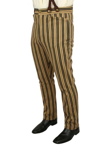 Historical Emporium Men's High Waist Placerville Cotton Striped Trousers, Victorian Western Pants with Suspender Buttons3