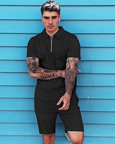Buxkr Mens Casual Workout Sets Short-Sleeve And Shorts Summer,Track Suits For Men Set,Black #TOP1