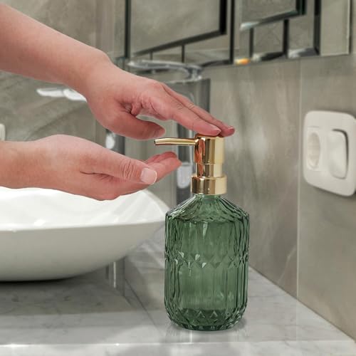 Osfvn Glass Soap Dispenser Green Bottle Plastic Pump for Kitchen Hand Dish
